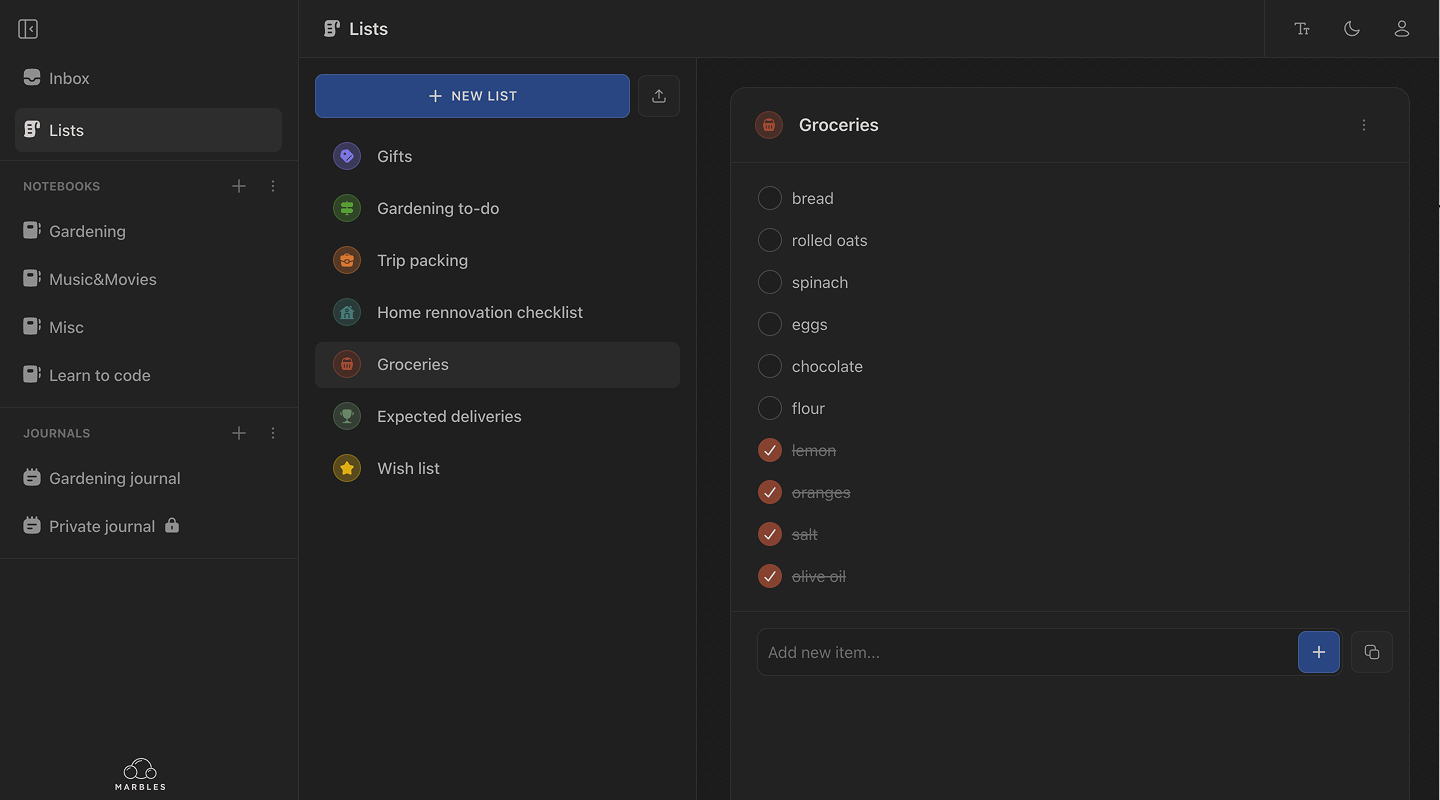 Marbles lists dark mode