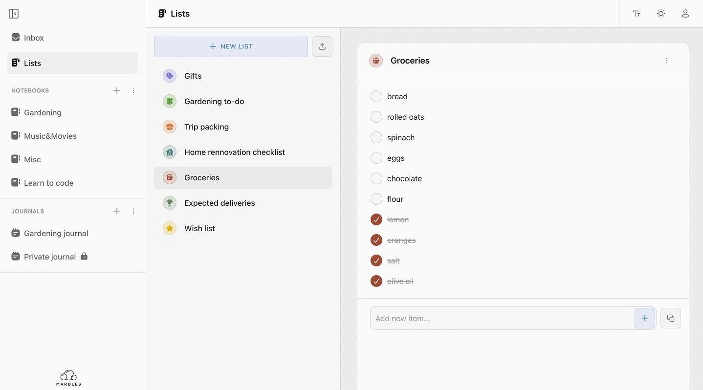 Marbles lists light mode